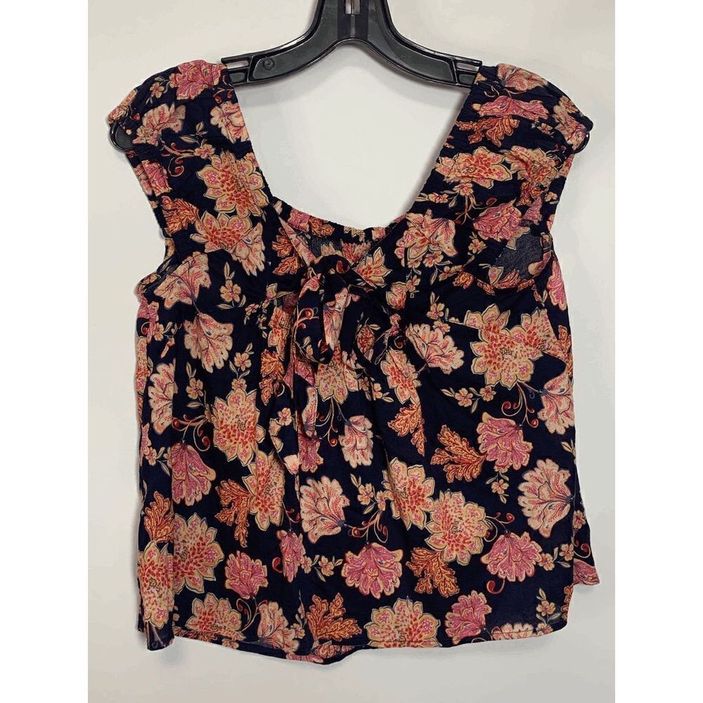 Old Navy Women's Woven Peasant Boho Floral Tie Back Top Blouse Navy Pink Small - Picture 5 of 9